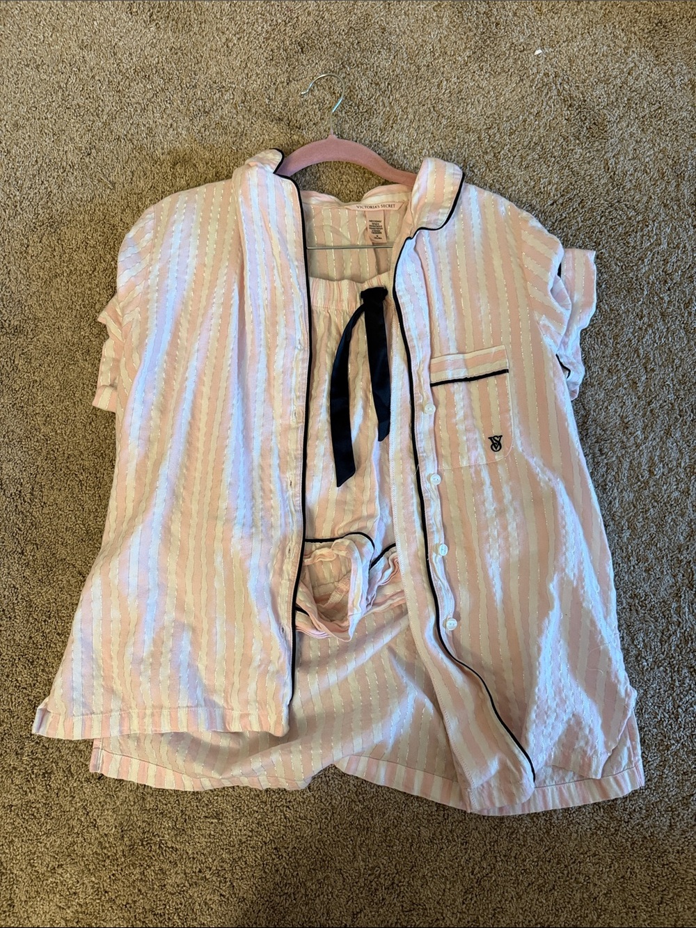 Victoria's Secret Pink and White Striped Button-Front Pajama Top with Navy Trim
